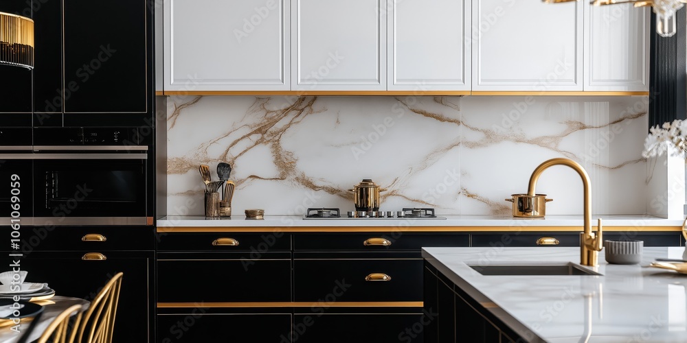 A contemporary, chic kitchen featuring stylish black and white cabinets, golden fixtures, created by ai A contemporary, chic kitchen featuring stylish black and white cabinets, golden fixtures, created by ai
