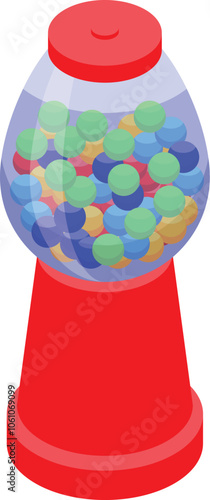 Gumball machine filled with colorful candy, in isometric view, ready to dispense a sweet treat