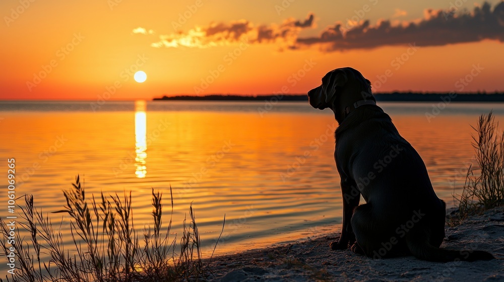 A black Labrador dog sits on the shore of an endless lake at sunset A black Labrador dog sits on the shore of an endless lake at sunset