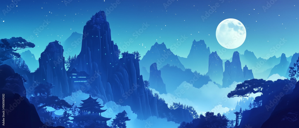 Fototapeta premium Paysage nocturne de Tianzi Shan en illustration vectorielle immersive