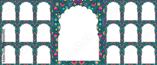 Set of windows Beautiful Arch small and Big Design with Indian Rajasthani fort and Culture. Wedding Backdrop & other uses. Abstract Indian floral rug design, Persian carpet, tribal texture, Floral