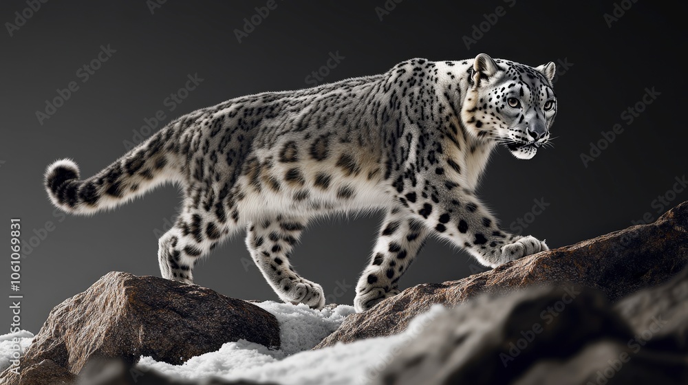Majestic Snow Leopard Walking in Mountain Landscape Majestic Snow Leopard Walking in Mountain Landscape