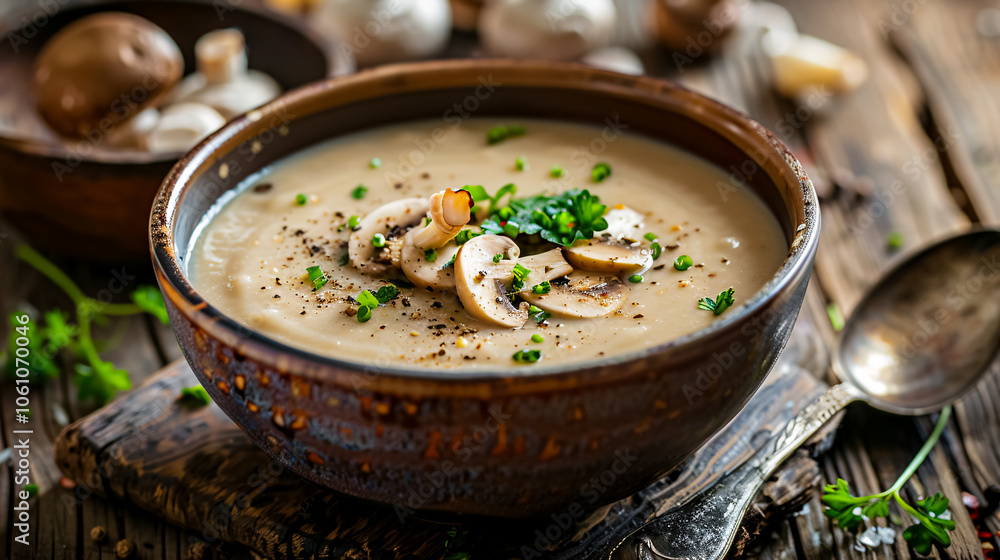 Mushroom Cream Soup: Mushroom cream soup on a wooden background, close-up, highlighting a comforting dish. Mushroom Cream Soup: Mushroom cream soup on a wooden background, close-up, highlighting a comforting dish.