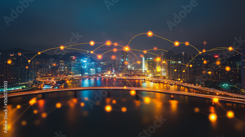 Smart digital city with connection cyber security network reciprocity over the cityscape . future smart wireless digital city and social media networking systems that connects people within the city