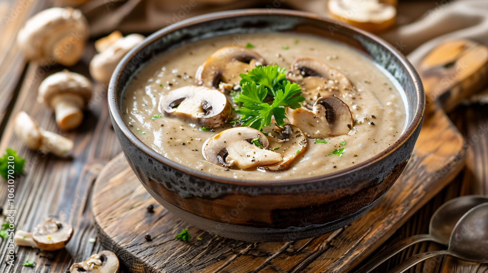 Mushroom Cream Soup: Mushroom cream soup on a wooden background, close-up, highlighting a comforting dish. Mushroom Cream Soup: Mushroom cream soup on a wooden background, close-up, highlighting a comforting dish.