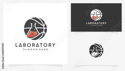 Combined vector of basket ball with lab glass icons symbols. Abstract shape ideas science and hobby lifestyle sport logo design graphic.