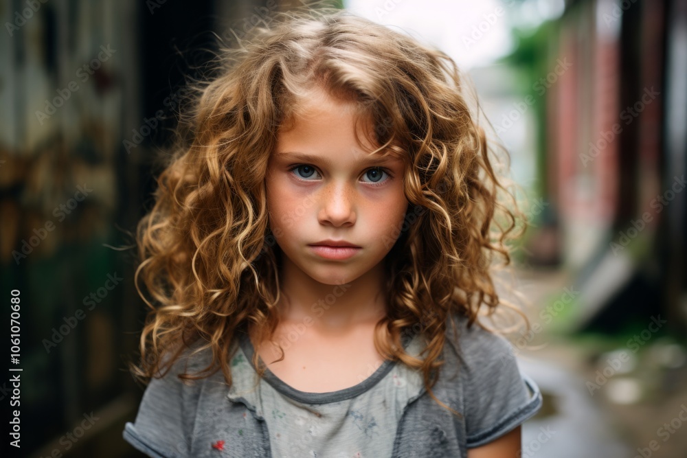 Portrait of a cute little girl with curly hair on the street Portrait of a cute little girl with curly hair on the street