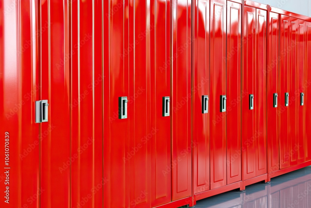 Bright Red Lockers Lined up in a School Hallway Near a Bustling Gym After Class Hours Bright Red Lockers Lined up in a School Hallway Near a Bustling Gym After Class Hours
