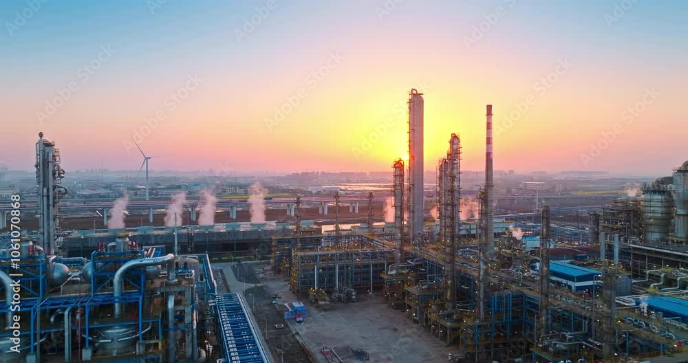Petrochemical plant industrial buildings and complex piping equipment in industrial area at sunset