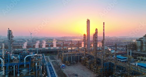 Petrochemical plant industrial buildings and complex piping equipment in industrial area at sunset