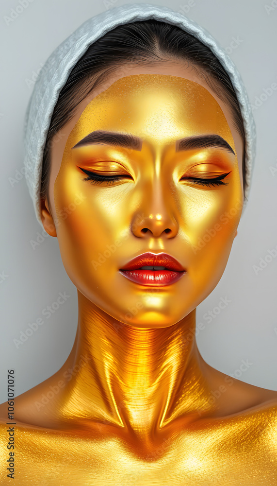 Pure gold. Vogue and glamour concept. Golden skin. Sexy girl face makeup body art metallized color. Spa wellness. Richness and wellbeing. Golden mask. Luxury beauty procedure. Golden lady relaxing i Pure gold. Vogue and glamour concept. Golden skin. Sexy girl face makeup body art metallized color. Spa wellness. Richness and wellbeing. Golden mask. Luxury beauty procedure. Golden lady relaxing i