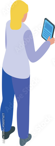 Female doctor using tablet, consulting patient medical records in isometric view