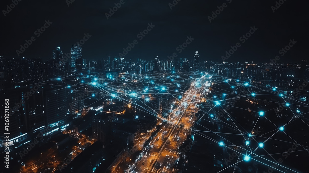 Smart digital city with connection cyber security network reciprocity over the cityscape . future smart wireless digital city and social media networking systems that connects people within the city Smart digital city with connection cyber security network reciprocity over the cityscape . future smart wireless digital city and social media networking systems that connects people within the city