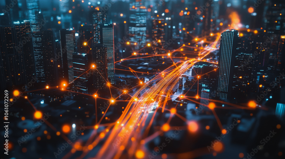 Fototapeta premium Smart digital city with connection cyber security network reciprocity over the cityscape . future smart wireless digital city and social media networking systems that connects people within the city