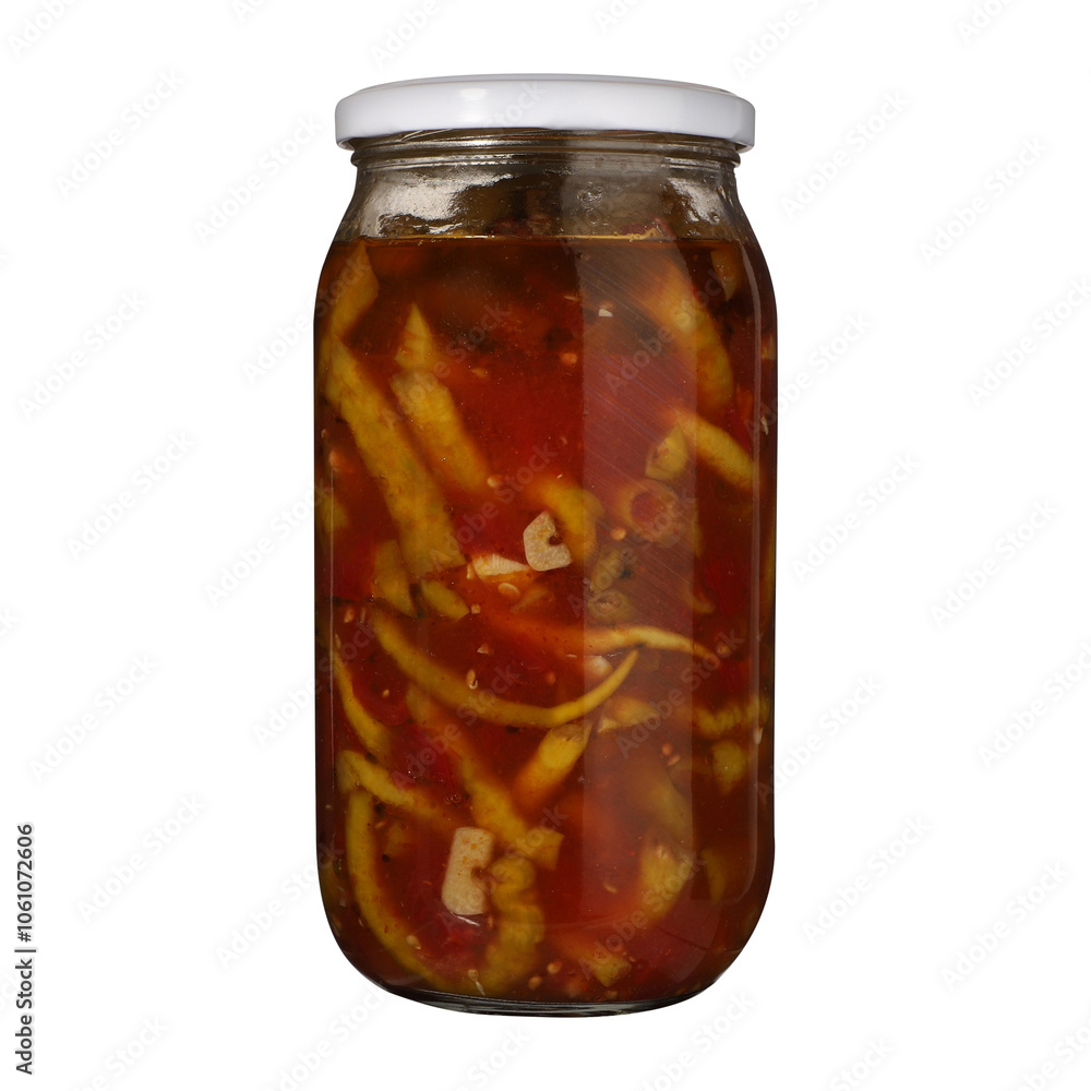 Canning jars of pickled peppers for the winter, isolated white background. Canning jars of pickled peppers for the winter, isolated white background.