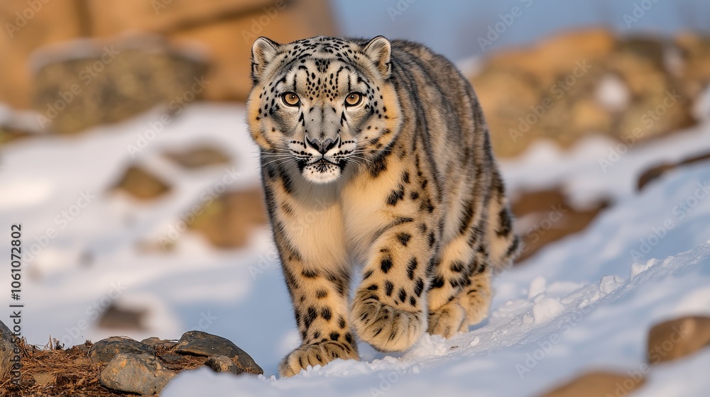 Obraz premium Majestic Snow Leopard Walking in Mountain Landscape