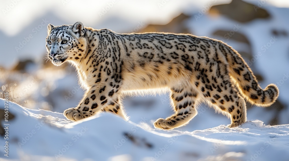 Majestic Snow Leopard Walking Through Snowy Mountains Majestic Snow Leopard Walking Through Snowy Mountains