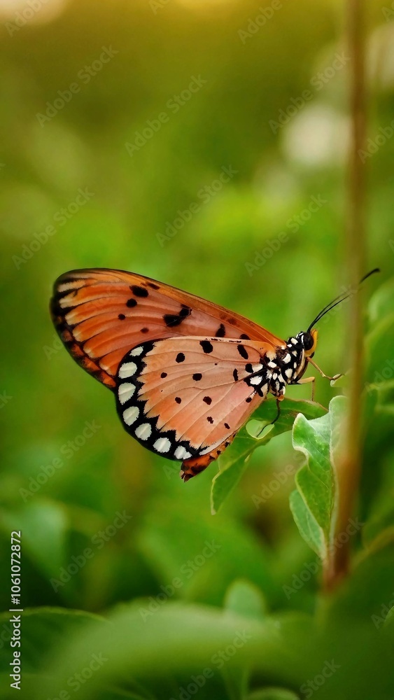 A closeup image captures a butterfly with orange and black wings perched on a green leaf. The butterflys intricate patterns and delicate features are highlighted against the lush foliage. A closeup image captures a butterfly with orange and black wings perched on a green leaf. The butterflys intricate patterns and delicate features are highlighted against the lush foliage.