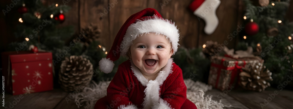 Joyful baby dressed as Santa, surrounded by a cozy Christmas backdrop - Joyful baby dressed as Santa, surrounded by a cozy Christmas backdrop -