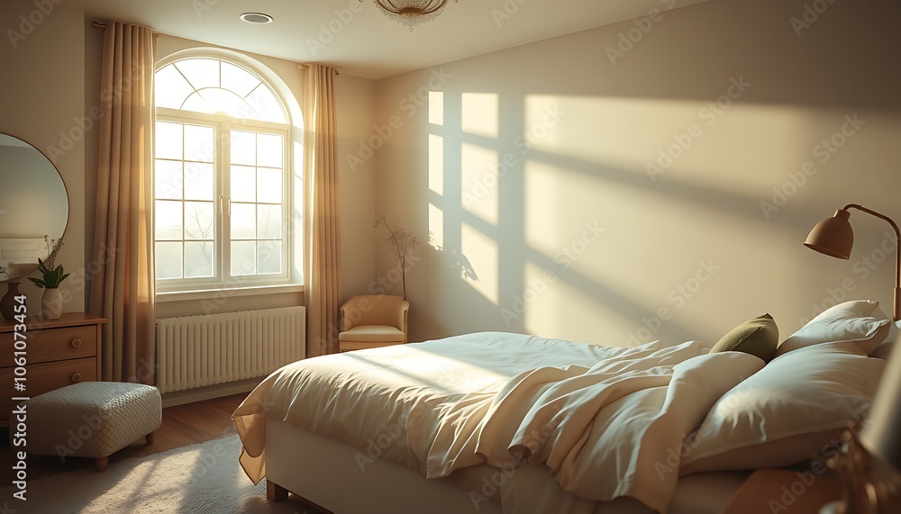 A serene and intimate bedroom scene with soft, warm lighting, plush furnishings, and a large window letting in a gentle stream of natural sunlight, casting a peaceful ambiance. A serene and intimate bedroom scene with soft, warm lighting, plush furnishings, and a large window letting in a gentle stream of natural sunlight, casting a peaceful ambiance.