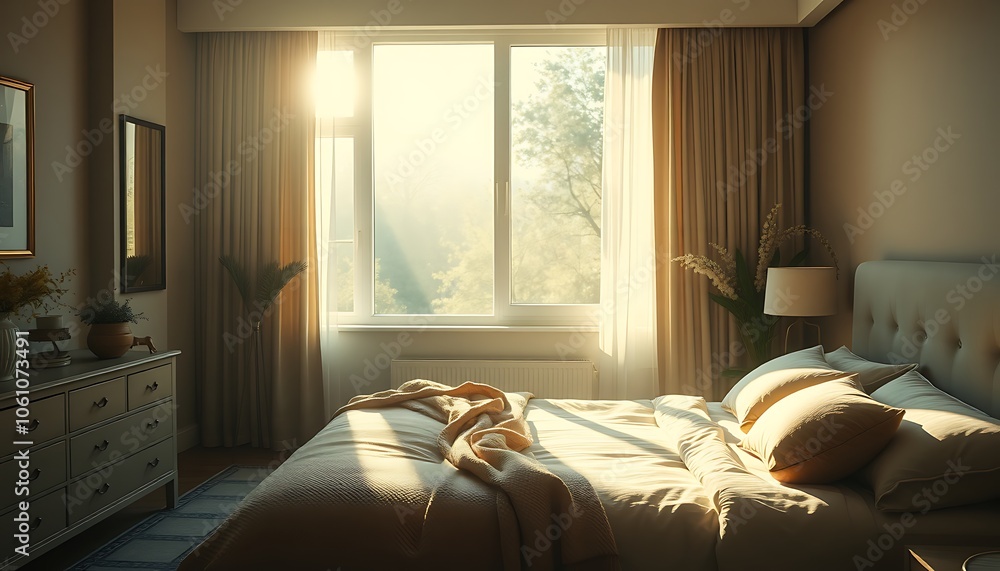 A serene and intimate bedroom scene with soft, warm lighting, plush furnishings, and a large window letting in a gentle stream of natural sunlight, casting a peaceful ambiance. A serene and intimate bedroom scene with soft, warm lighting, plush furnishings, and a large window letting in a gentle stream of natural sunlight, casting a peaceful ambiance.