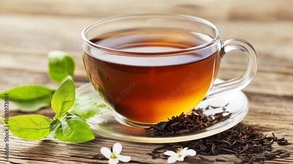 A lovely cup of tea is resting on a saucer placed on a wooden table A lovely cup of tea is resting on a saucer placed on a wooden table