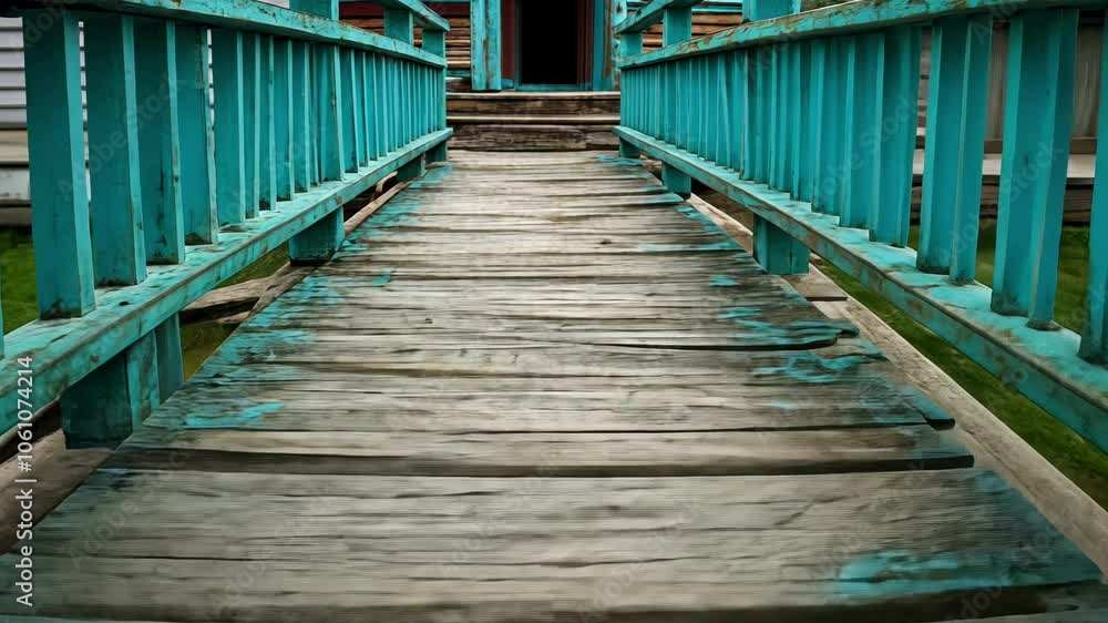 Exploring the Weathered Blue Wooden Walkway Leading to a Rustic Entrance Surrounded by Peeling Paint in a Serene Outdoor Setting Exploring the Weathered Blue Wooden Walkway Leading to a Rustic Entrance Surrounded by Peeling Paint in a Serene Outdoor Setting