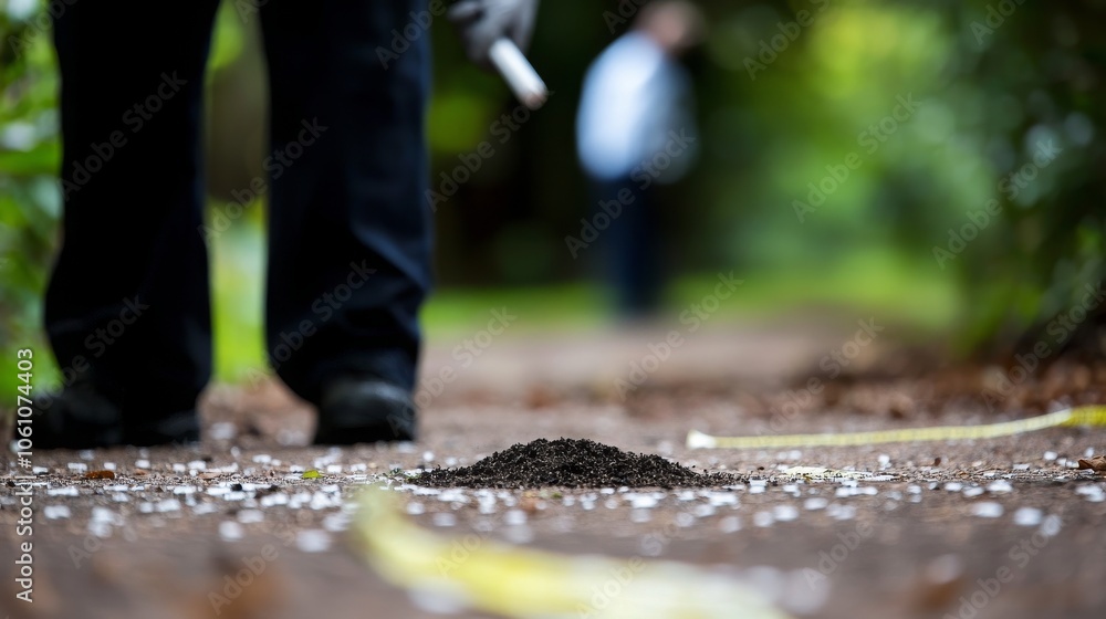 Naklejka premium A close-up shot of an anthill on a path, marked off with yellow tape. A person in the background is examining the area.