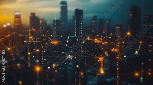 Smart digital city with connection cyber security network reciprocity over the cityscape . future smart wireless digital city and social media networking systems that connects people within the city