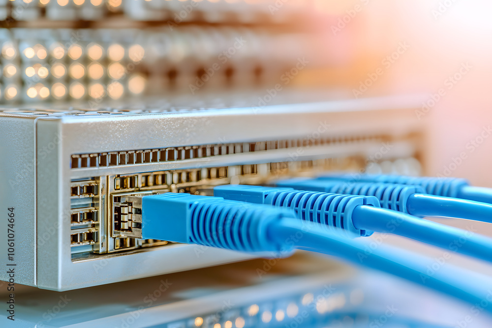 Network Switch or Router with Cables | Data Center Equipment, Internet Connectivity, IT Infrastructure, High-Speed Networking Hardware Network Switch or Router with Cables | Data Center Equipment, Internet Connectivity, IT Infrastructure, High-Speed Networking Hardware