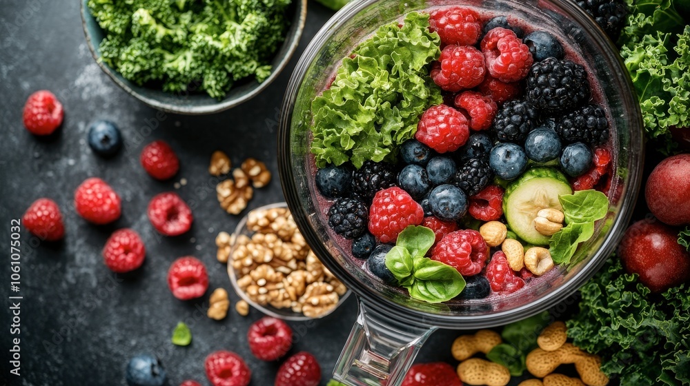 Fresh Smoothie Ingredients with Vibrant Berries and Greens Fresh Smoothie Ingredients with Vibrant Berries and Greens