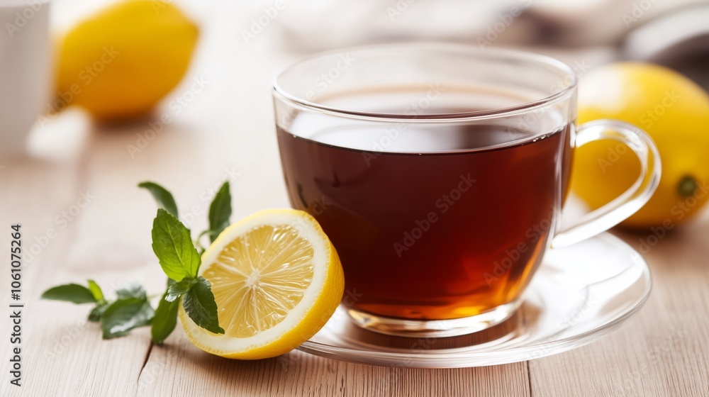 A steaming cup of fragrant tea accompanied by a slice of lemon on a saucer A steaming cup of fragrant tea accompanied by a slice of lemon on a saucer