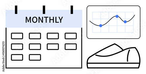 Calendar marked Monthly beside a shoe and an analytical chart with line graph and data points. Ideal for scheduling, fitness tracking, analysis, planning, goal setting, progress monitoring, and time