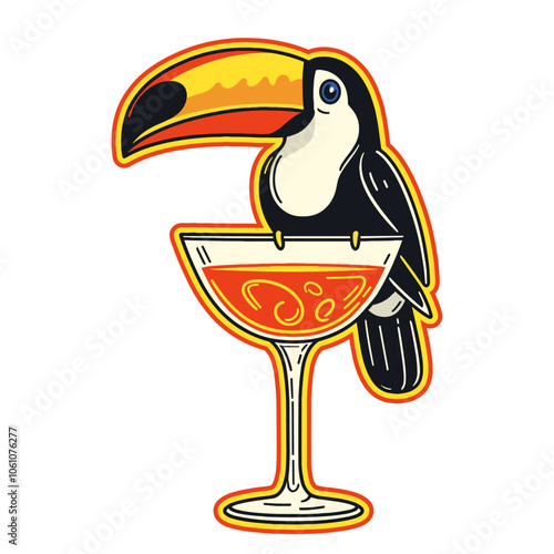 toucan bird with a cocktail glass drink sticker illustration