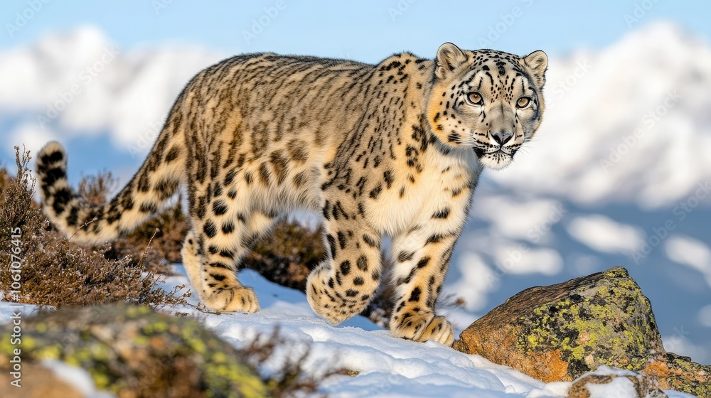 Majestic Snow Leopard Walking in Serene Mountains Majestic Snow Leopard Walking in Serene Mountains