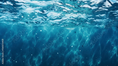 Underwater background with ripples and bubbles. Blue water surface.