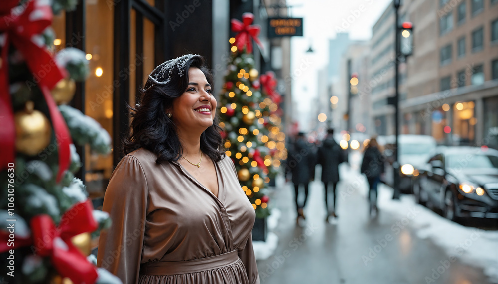 Fototapeta premium Plus-sized woman stands on a city street, embracing the festive atmosphere of Christmas. She is adorned in a stylish brown dress. 