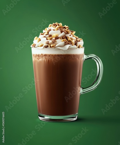 Delicious chocolate beverage topped with whipped cream and nuts