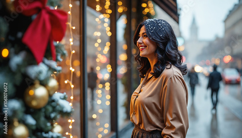 Curvy woman in a festive atmosphere, standing near Christmas lights and decorations. She is smiling gently, dressed in holiday attire. Urban setting.