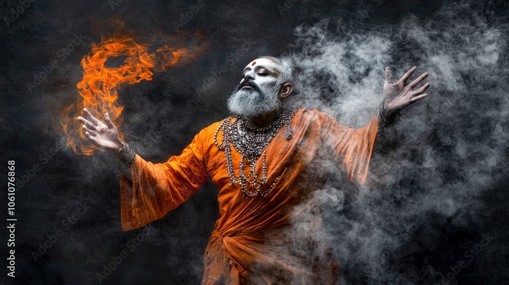 Fototapeta premium Experience the intensity of a firewalking shaman in a stunning portrait of transformation