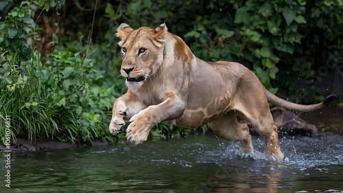 Lioness leaping near riverbank