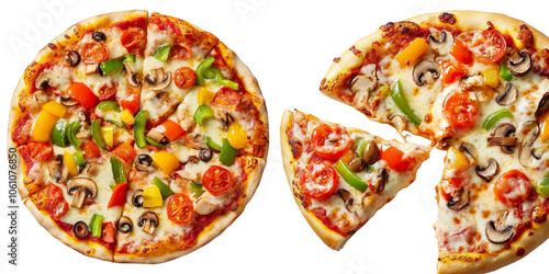 Delicious vegetarian pizza with tomatoes mushrooms peppers and mozzarella cheese isolated on white background one slice separated top view fast food restaurant menu concept