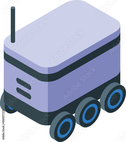 Autonomous delivery robot moving with antenna receiving signal, isometric icon