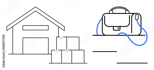 Warehouse with stacked boxes representing storage and logistics next to a business briefcase symbolizing professional work. Ideal for logistics, supply chain, business, storage solutions, work-life