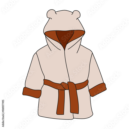 Bathrobe cartoon drawing. Kids clothing fashion vector illustration. Technical sketch. Robe light beige color. Hooded bathrobe with belt. Flat image apparel front view.