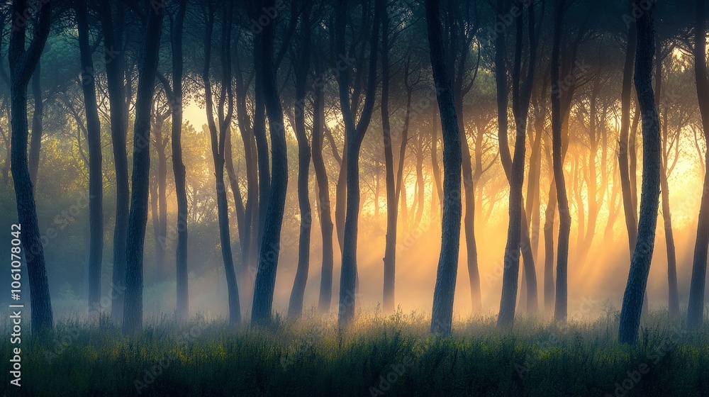Serene Misty Forest with Tall Trees at Dawn Serene Misty Forest with Tall Trees at Dawn