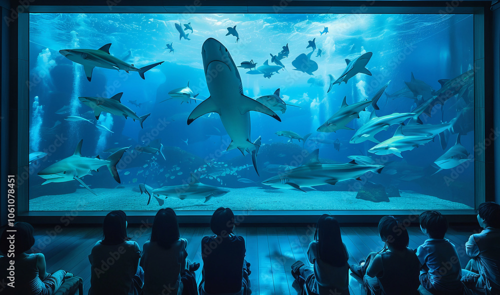 People enjoy marine underwater life in aquarium. Sharks whales Manta Rays and dolphins.