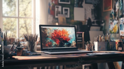 A laptop sits on a desk in a home office, open to a colorful abstract image, with art supplies and a window in the background.