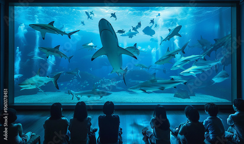 Obraz na płótnie People enjoy marine underwater life in aquarium. Sharks whales Manta Rays and dolphins. w salonie