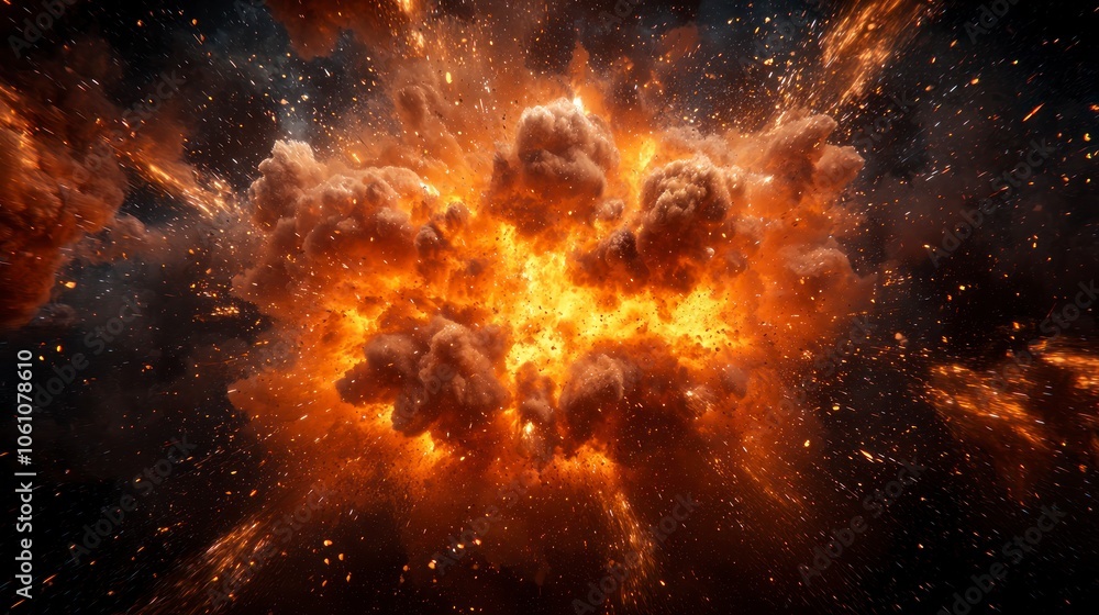 Extreme fiery explosion with orange and brown clouds of debris Extreme fiery explosion with orange and brown clouds of debris